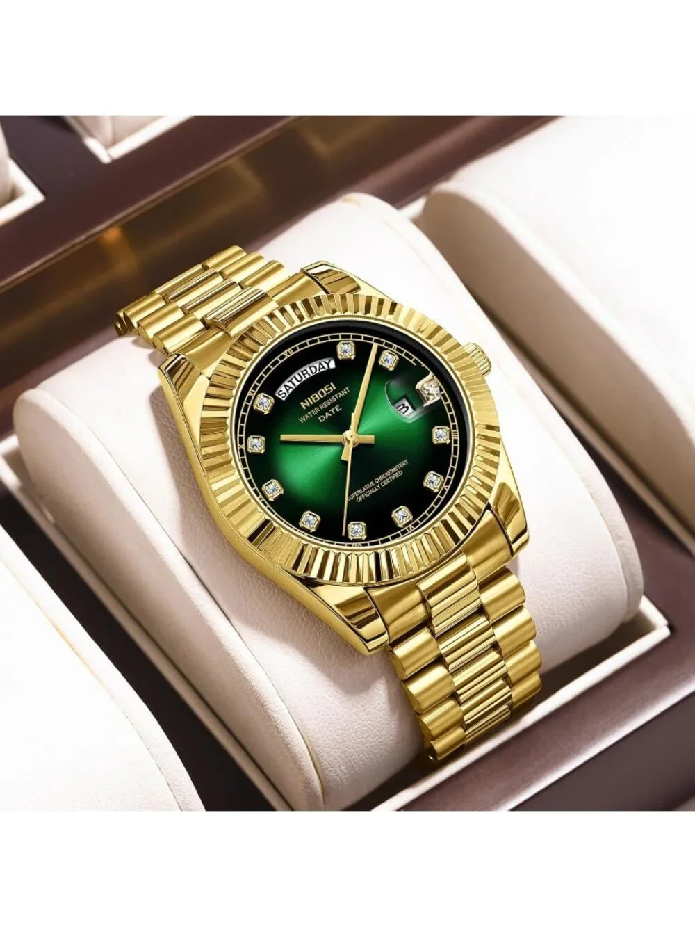 Nibosi Men's Gold Analog Quartz Stainless Green Face Waterproof Desiger Watch